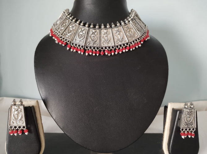 Navratri Oxidase Silver Chokar Necklace
